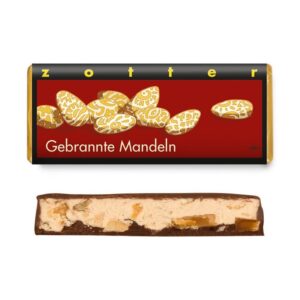 Bio + fair ciocolata neagra cu lapte, cu umplutura de nuga de migdale si migdale caramelizate, 70g Zotter