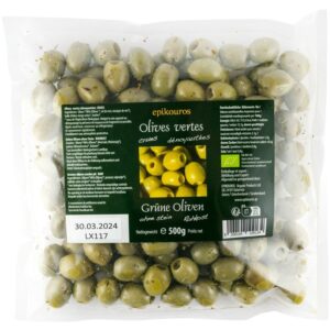 Masline verzi bio, crude, fara samburi, 500g Epikouros