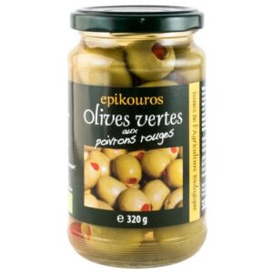 Masline verzi bio umplute cu ardei rosu, in saramura, 320g Epikouros