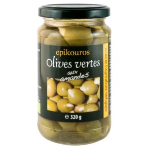 Masline verzi bio umplute cu migdale in saramura, 320g Epikouros