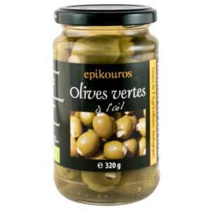 Masline verzi bio umplute cu usturoi in saramura, 320g Epikouros